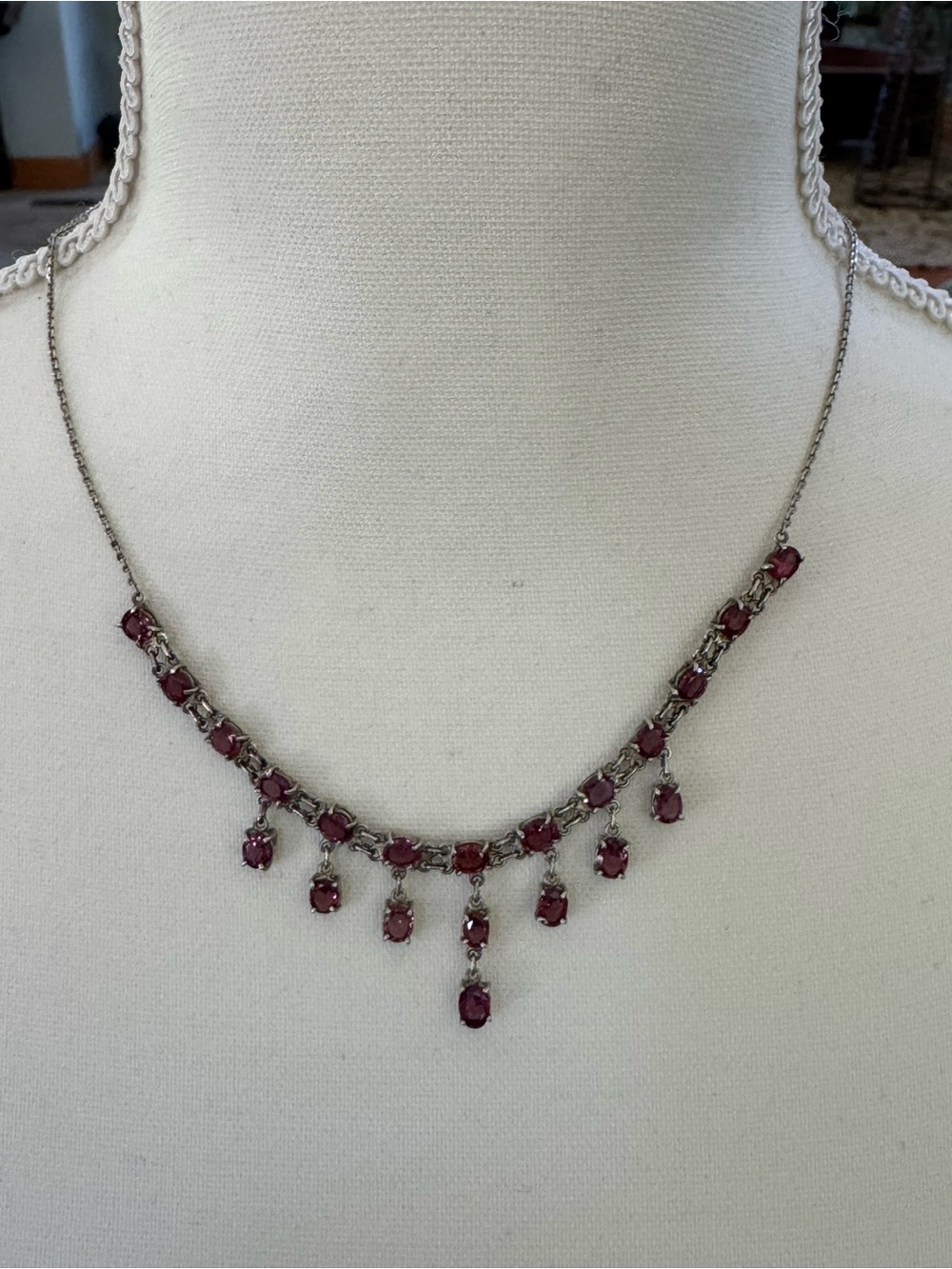 Vintage Pink/Red 21 Garnet Drop Necklace & Earring Set Sterling Silver
